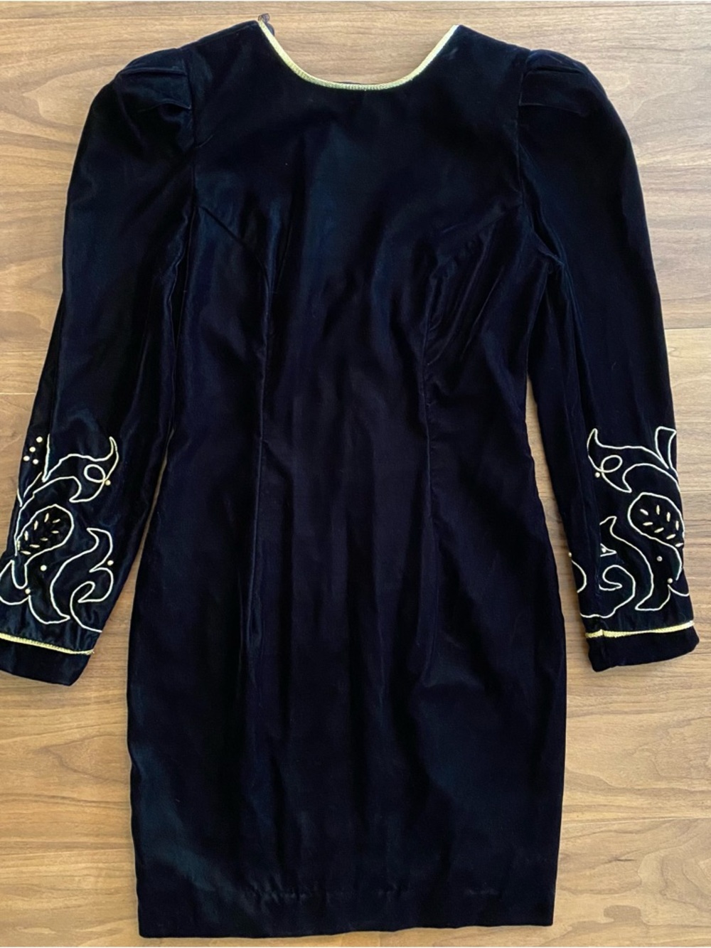 Vintage Velvet Dress Black Gold Embroidered Cocktail Evening Dress S